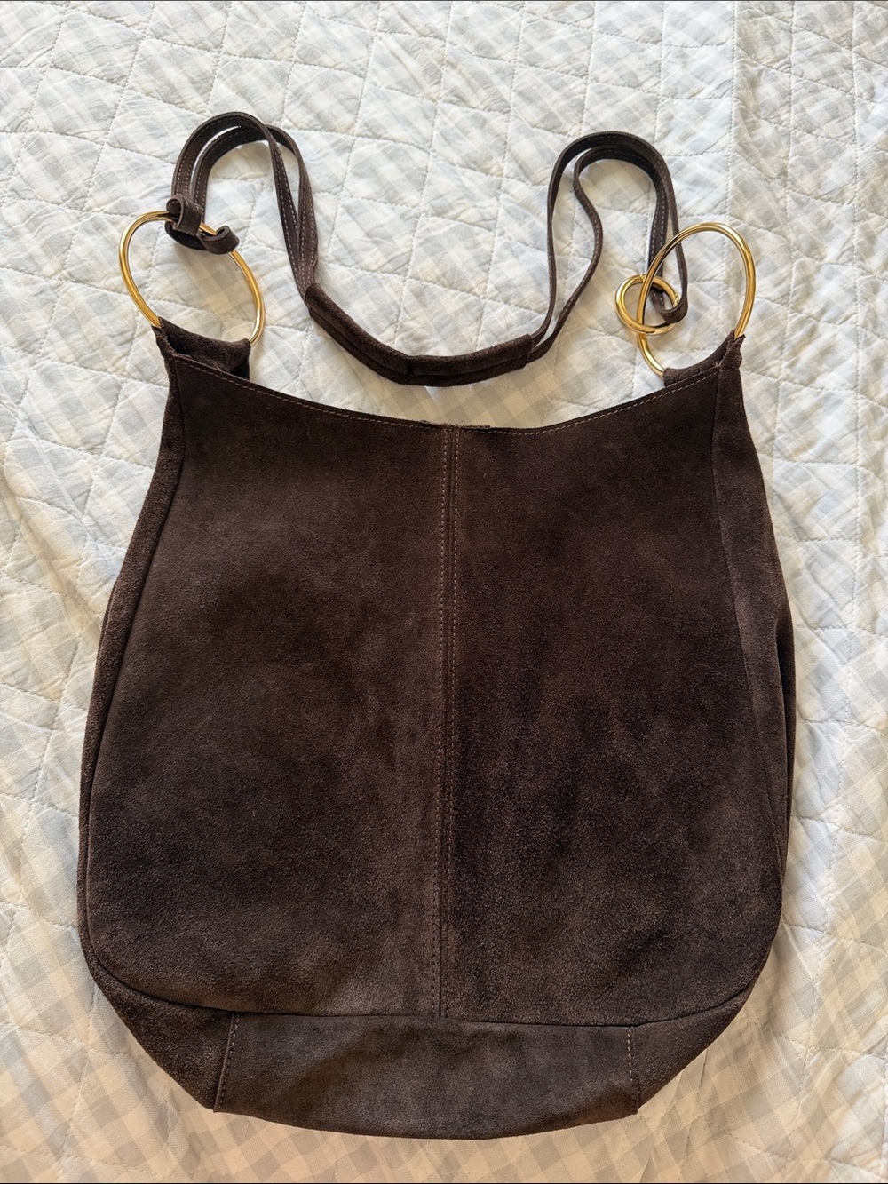 Claudia Firenze Suede Crossbody Slouchy Hobo Tote Bag Chocolate Brown Gold Ring